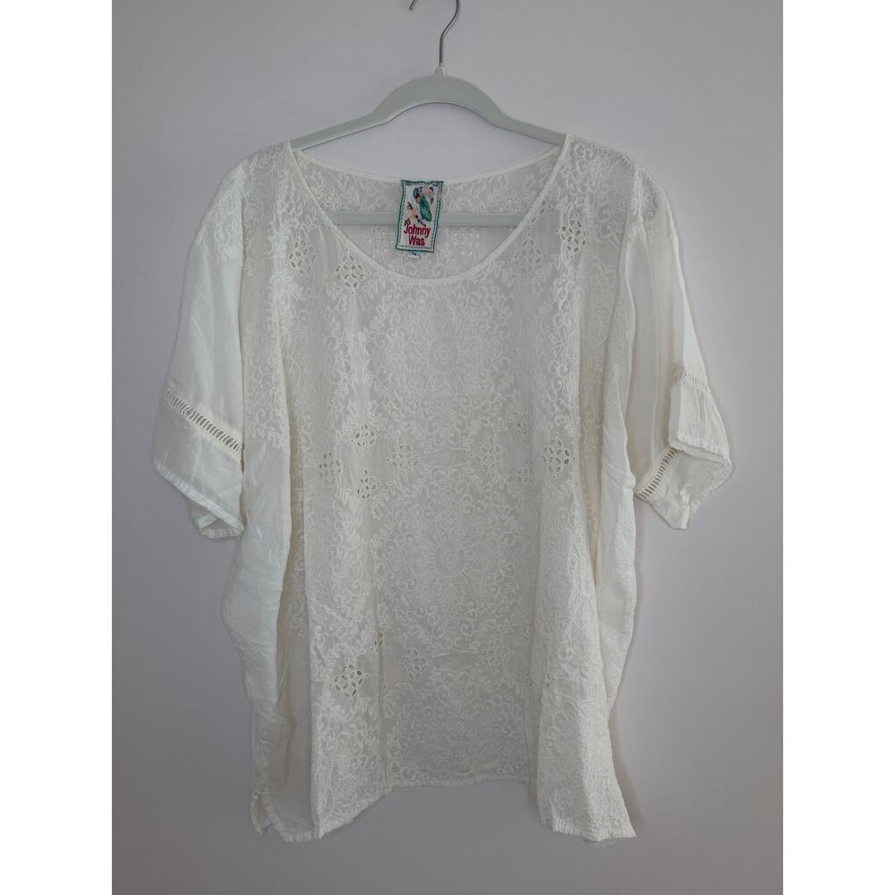 Johnny Was 1X Ivory Embroidered Eyelet Boho Cupra Rayon Dolman Blouse